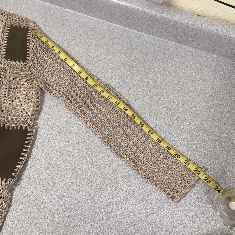 Chico’s faux suede patchwork crocheted cardigan. - Picture 11 of 12